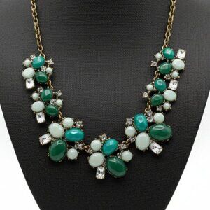 J Crew Gold Green Statement Necklace Beaded Rhinestone Chain Womens